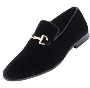Black Men's Velvet Dress Loafer Slip-On with Gold Buckle Made By Royal Shoes