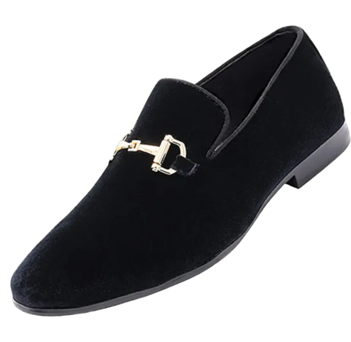 Black Men's Velvet Dress Loafer Slip-On with Gold Buckle Made By Royal Shoes