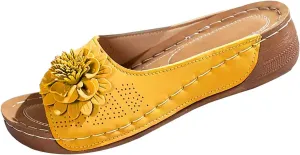Chic Flower Sandals for Women Orthopedic Arch Support Leather Slippers Comfortable Non-Slip Solid Color Open-Toe Wedge Sandals Breathable Summer Orthotic Platform Wedge