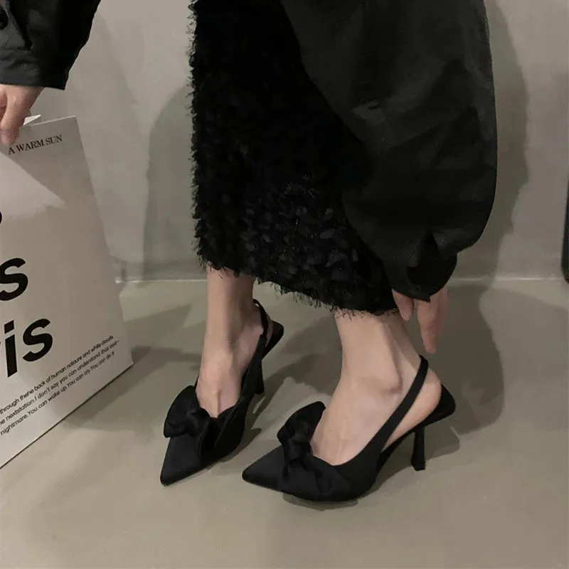 Hnzxzm Designer Bowtie High Heels Pumps Women Shoes Summer Pointed Toe Thin Heeled Sandals Woman Rose Red Slingbacks Party Shoes