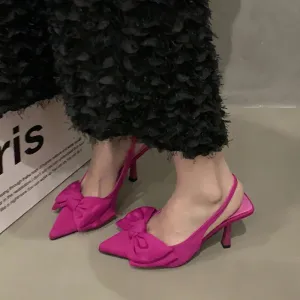 Hnzxzm Designer Bowtie High Heels Pumps Women Shoes Summer Pointed Toe Thin Heeled Sandals Woman Rose Red Slingbacks Party Shoes