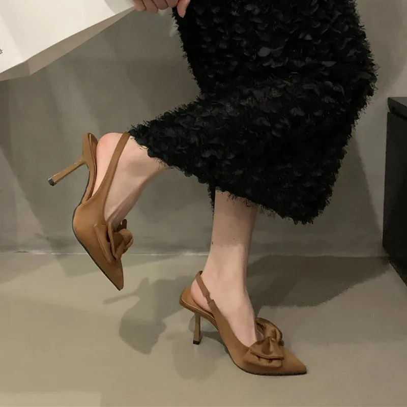 Hnzxzm Designer Bowtie High Heels Pumps Women Shoes Summer Pointed Toe Thin Heeled Sandals Woman Rose Red Slingbacks Party Shoes