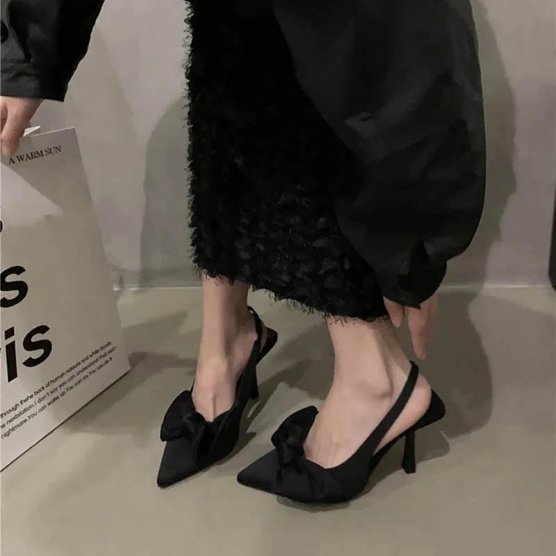 Hnzxzm Designer Bowtie High Heels Pumps Women Shoes Summer Pointed Toe Thin Heeled Sandals Woman Rose Red Slingbacks Party Shoes