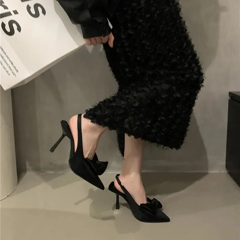 Hnzxzm Designer Bowtie High Heels Pumps Women Shoes Summer Pointed Toe Thin Heeled Sandals Woman Rose Red Slingbacks Party Shoes