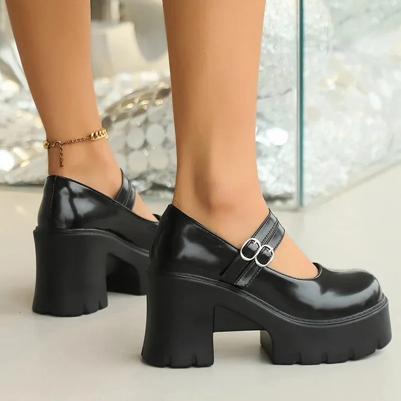 Hnzxzm High Heels Chunky Mary Jane Shoes for Women 2024 Vintage Buckle Strap Platform Pumps Woman Pu Leather Thick Heeled Lolita Shoes