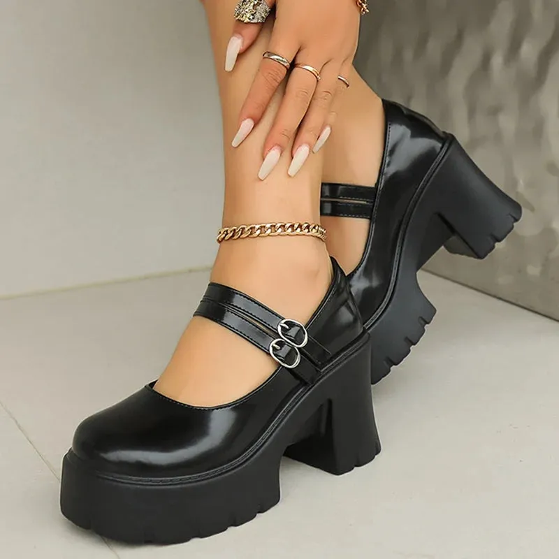 Hnzxzm High Heels Chunky Mary Jane Shoes for Women 2024 Vintage Buckle Strap Platform Pumps Woman Pu Leather Thick Heeled Lolita Shoes