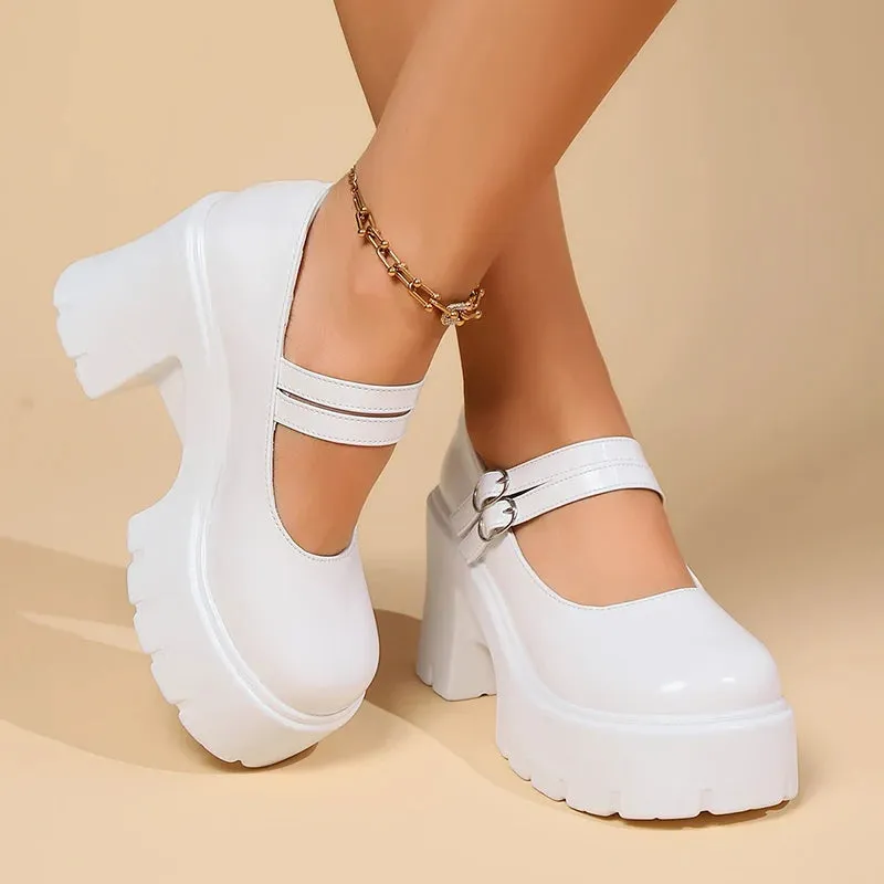 Hnzxzm High Heels Chunky Mary Jane Shoes for Women 2024 Vintage Buckle Strap Platform Pumps Woman Pu Leather Thick Heeled Lolita Shoes