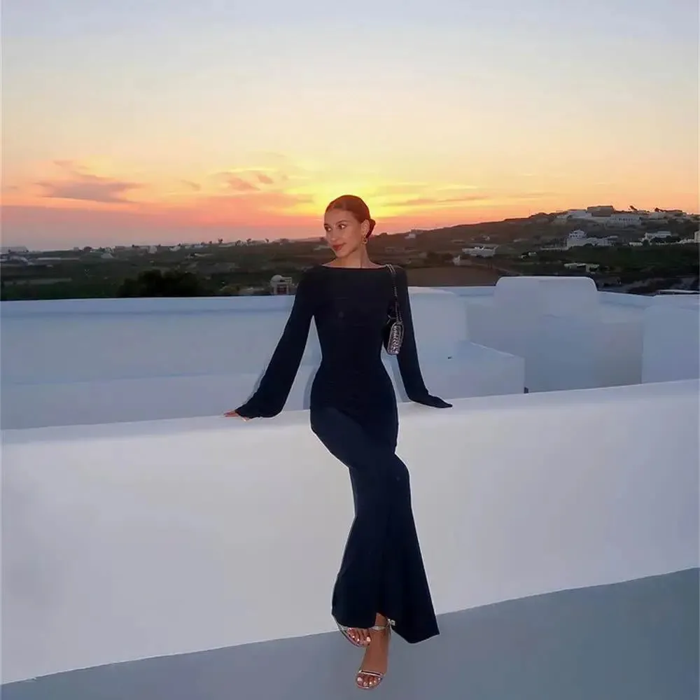 JOSKAA Chic Women Sexy Backless Long Dress Club Party Night Bohemian Beach Holiday Bikini Cover-Ups Dress Sun Protection Bodycon