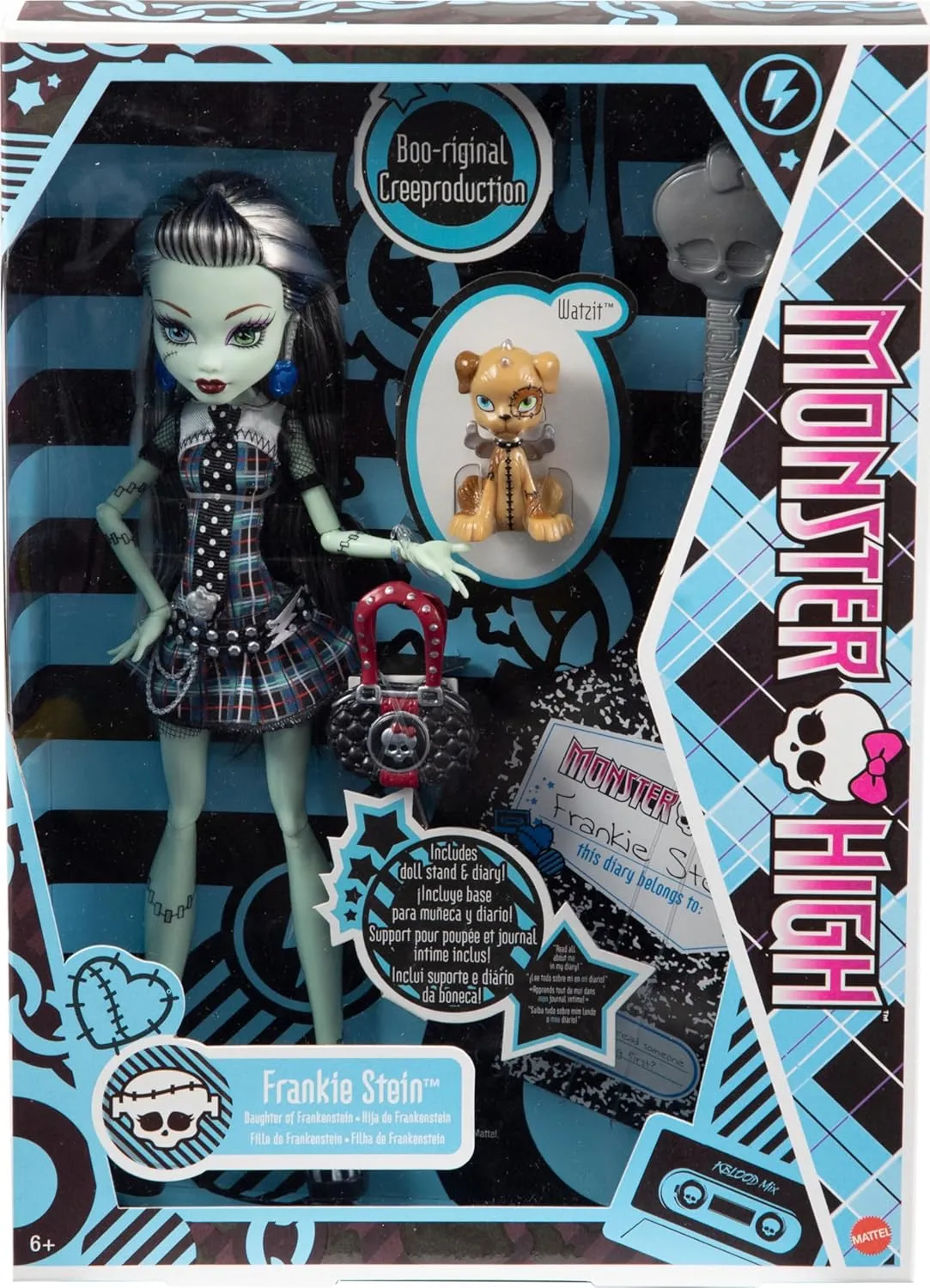 Monster High 10.5 inch Frankie Stein Reproduction Doll Wearing Original Fashion & Shoes, with Pet, Doll Stand & Accessories Gift for Ages 6 