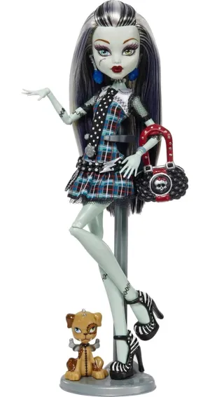 Monster High 10.5 inch Frankie Stein Reproduction Doll Wearing Original Fashion & Shoes, with Pet, Doll Stand & Accessories Gift for Ages 6 