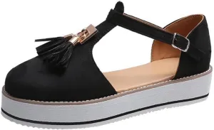 Platform Flats for Women Round Toe Dressy Buckle Tassel Shoes Comfy Casual Walking Loafers Spring Style