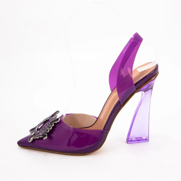 Purple Rhinestone Clear Block Heels