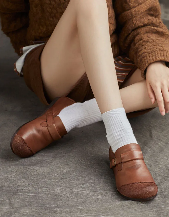 Round Head Handmade Soft Leather Retro Flat Shoes