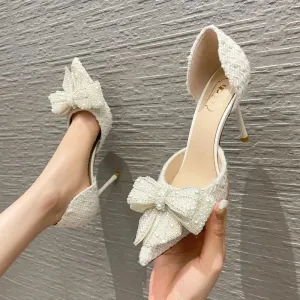 Sohiwoo Luxury Pearl Crystal Bowtie White Wedding Shoes Women 2024 Spring Brand Designer High Heels Pumps Woman Thin Heeled Party Shoes