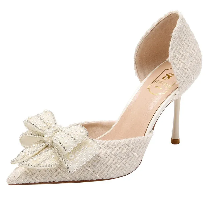 Sohiwoo Luxury Pearl Crystal Bowtie White Wedding Shoes Women 2024 Spring Brand Designer High Heels Pumps Woman Thin Heeled Party Shoes