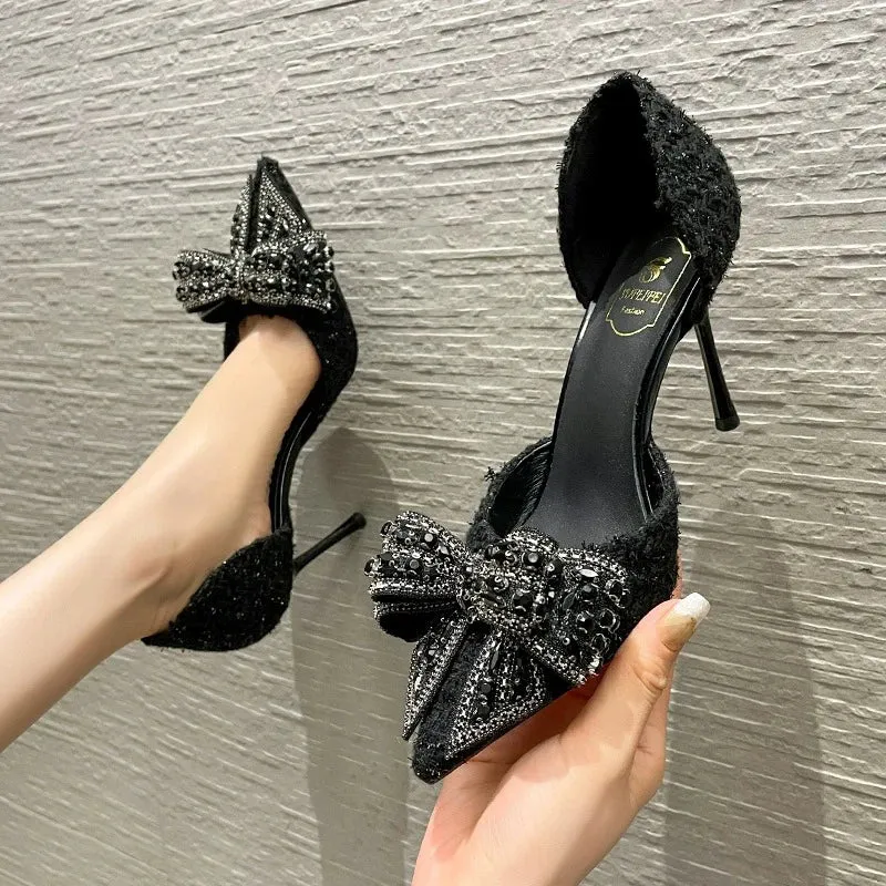 Sohiwoo Luxury Pearl Crystal Bowtie White Wedding Shoes Women 2024 Spring Brand Designer High Heels Pumps Woman Thin Heeled Party Shoes