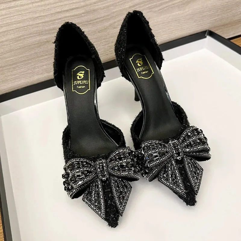 Sohiwoo Luxury Pearl Crystal Bowtie White Wedding Shoes Women 2024 Spring Brand Designer High Heels Pumps Woman Thin Heeled Party Shoes