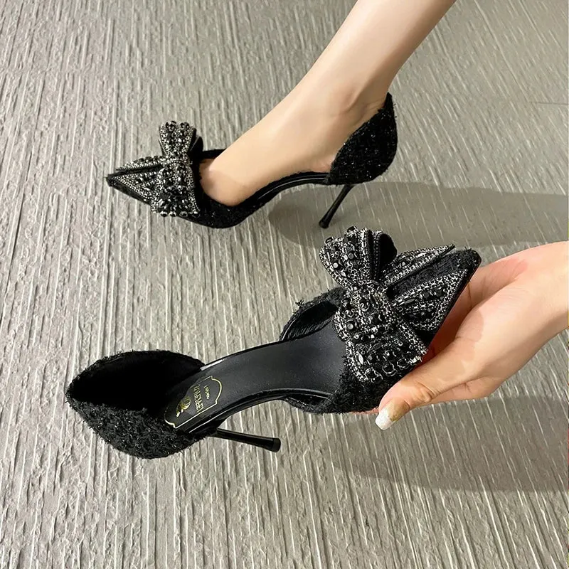 Sohiwoo Luxury Pearl Crystal Bowtie White Wedding Shoes Women 2024 Spring Brand Designer High Heels Pumps Woman Thin Heeled Party Shoes