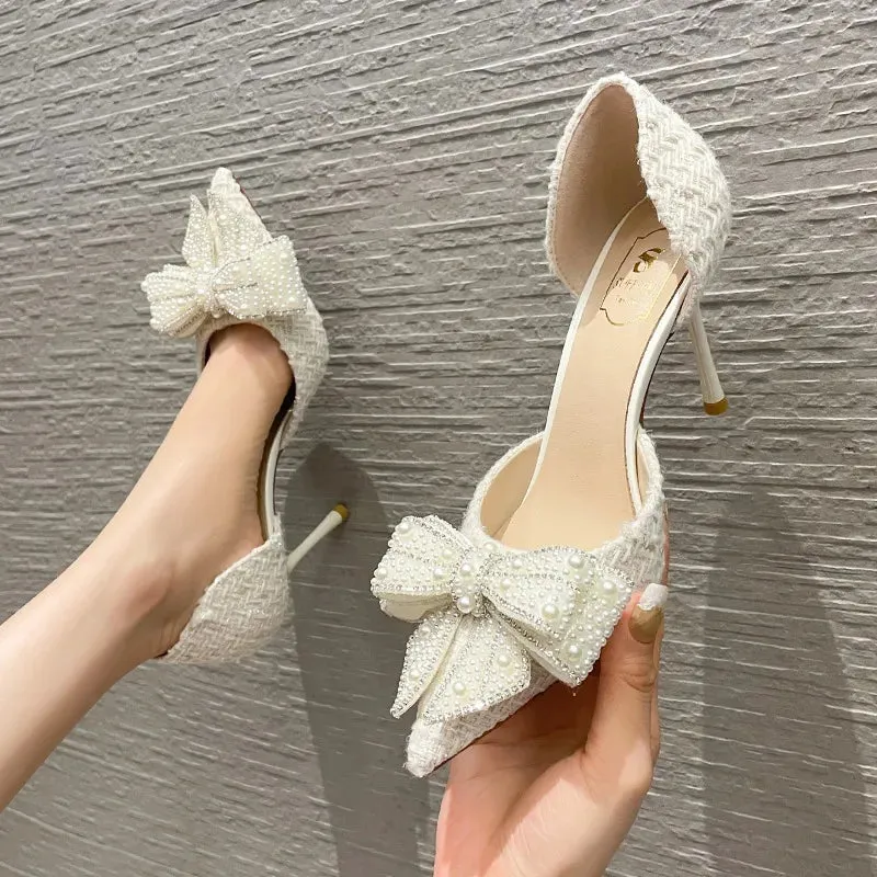 Sohiwoo Luxury Pearl Crystal Bowtie White Wedding Shoes Women 2024 Spring Brand Designer High Heels Pumps Woman Thin Heeled Party Shoes