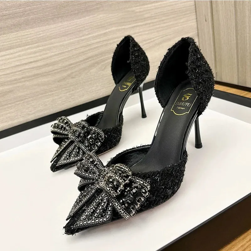 Sohiwoo Luxury Pearl Crystal Bowtie White Wedding Shoes Women 2024 Spring Brand Designer High Heels Pumps Woman Thin Heeled Party Shoes