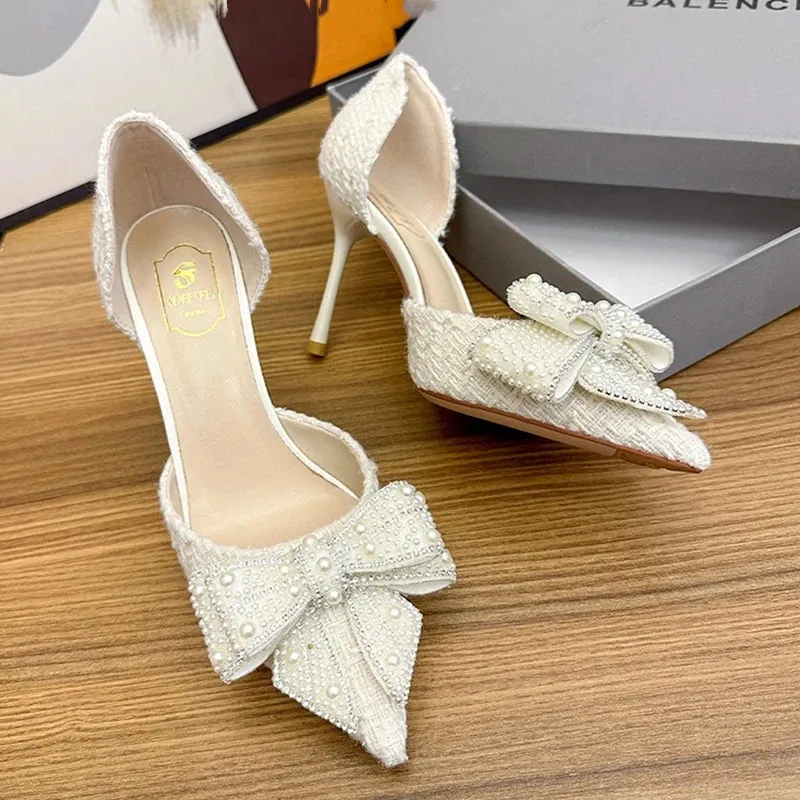 Sohiwoo Luxury Pearl Crystal Bowtie White Wedding Shoes Women 2024 Spring Brand Designer High Heels Pumps Woman Thin Heeled Party Shoes